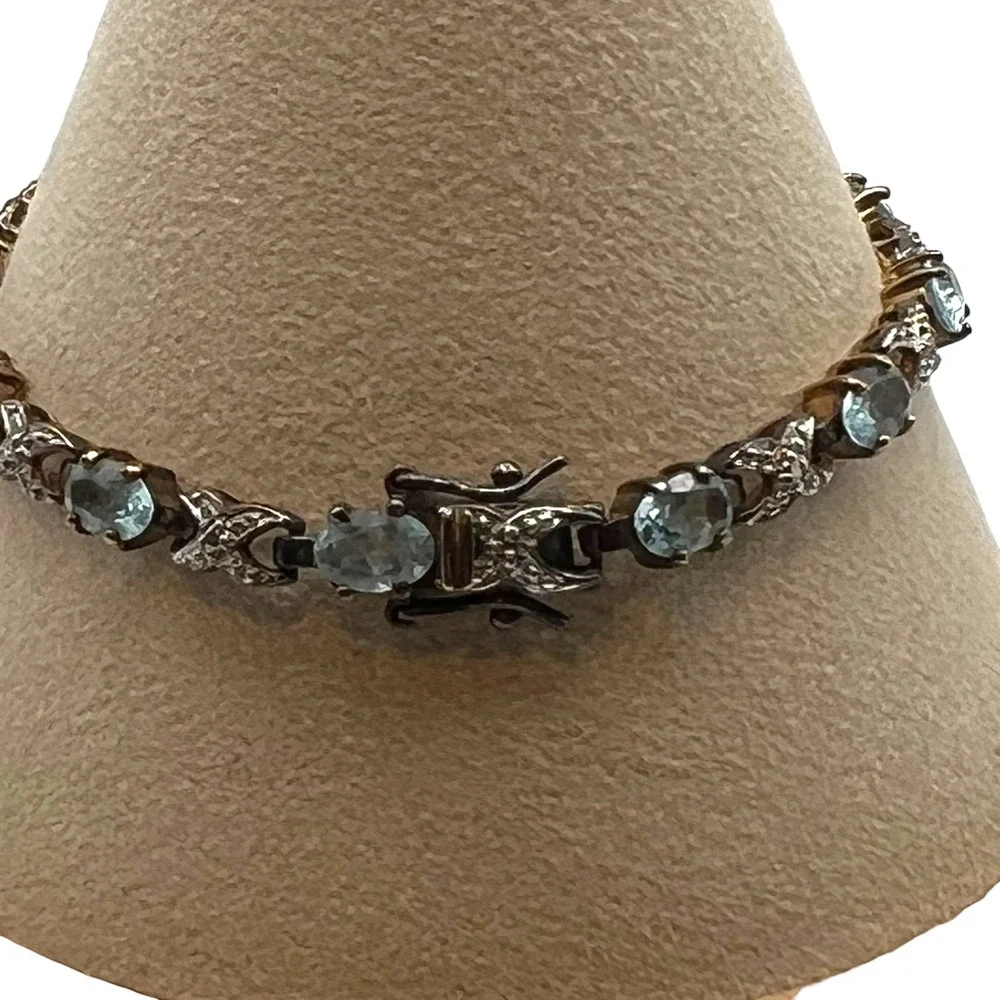 Sterling Silver Blue Topaz XO Hugs & Kisses Gold Tone‎ Tennis Bracelet 6.5 Inch